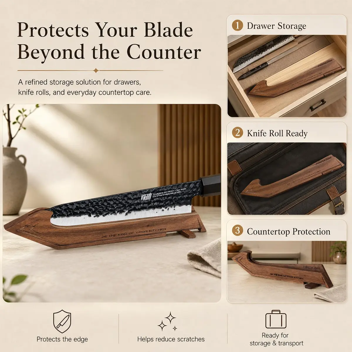 FINDKING Magnetic Edge Guard with Stand, Walnut Wood Blade Cover & Mini Knife Block for Counter Storage, Portable Protector for 8” Chef Knife - view 4