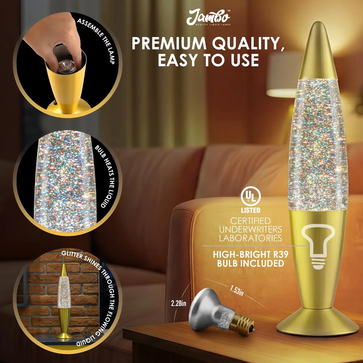 JAMBO 16-Inch Rainbow Glitter Lamp | Liquid Motion Lamp with Aluminum Base & Glass Shade - view 6