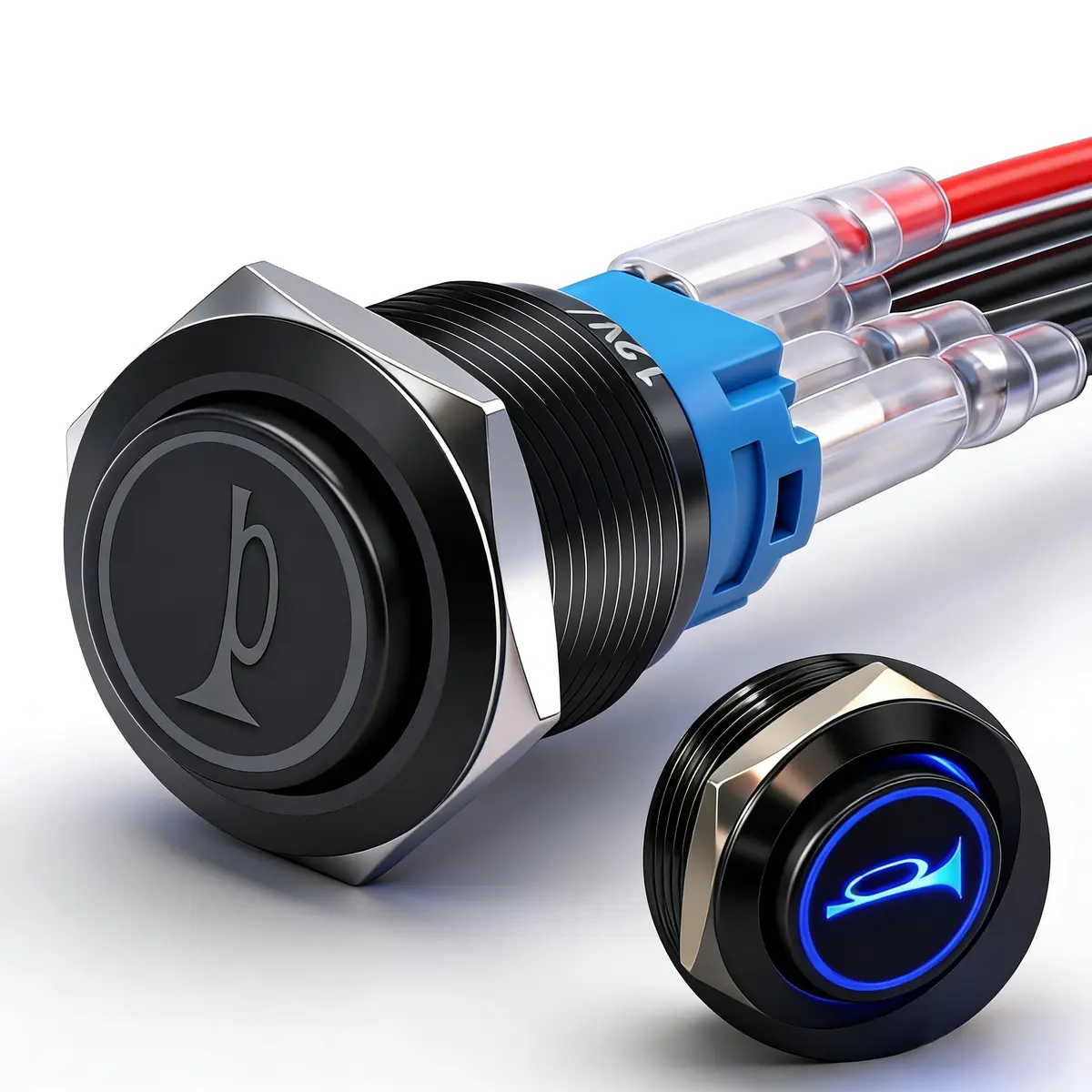 Twidec 16mm Momentary Push Button Horn Switch with Blue LED 12V | 5A/250AC 1NO1NC Panel Mount - main product image