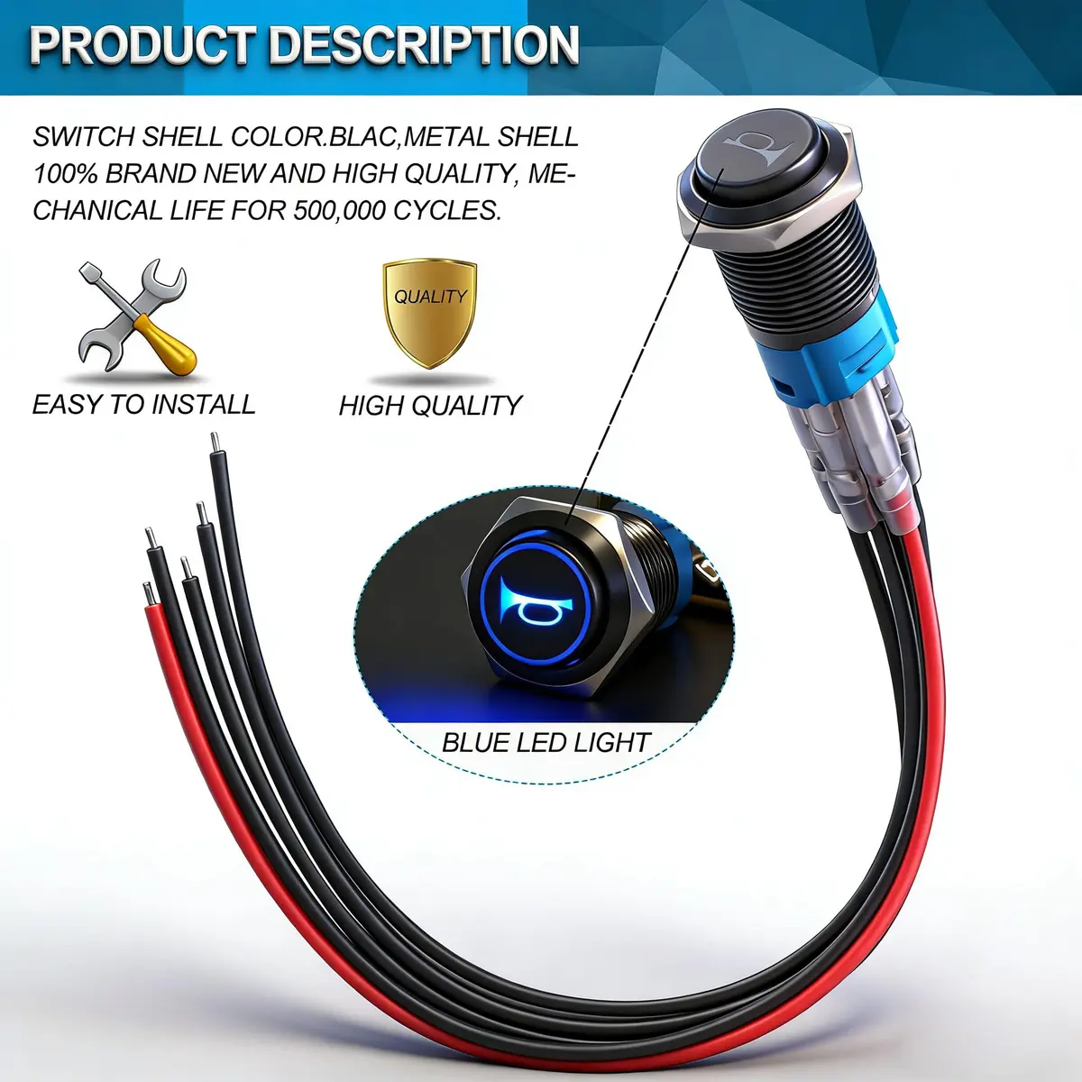 Twidec 16mm Momentary Push Button Horn Switch with Blue LED 12V | 5A/250AC 1NO1NC Panel Mount - view 5