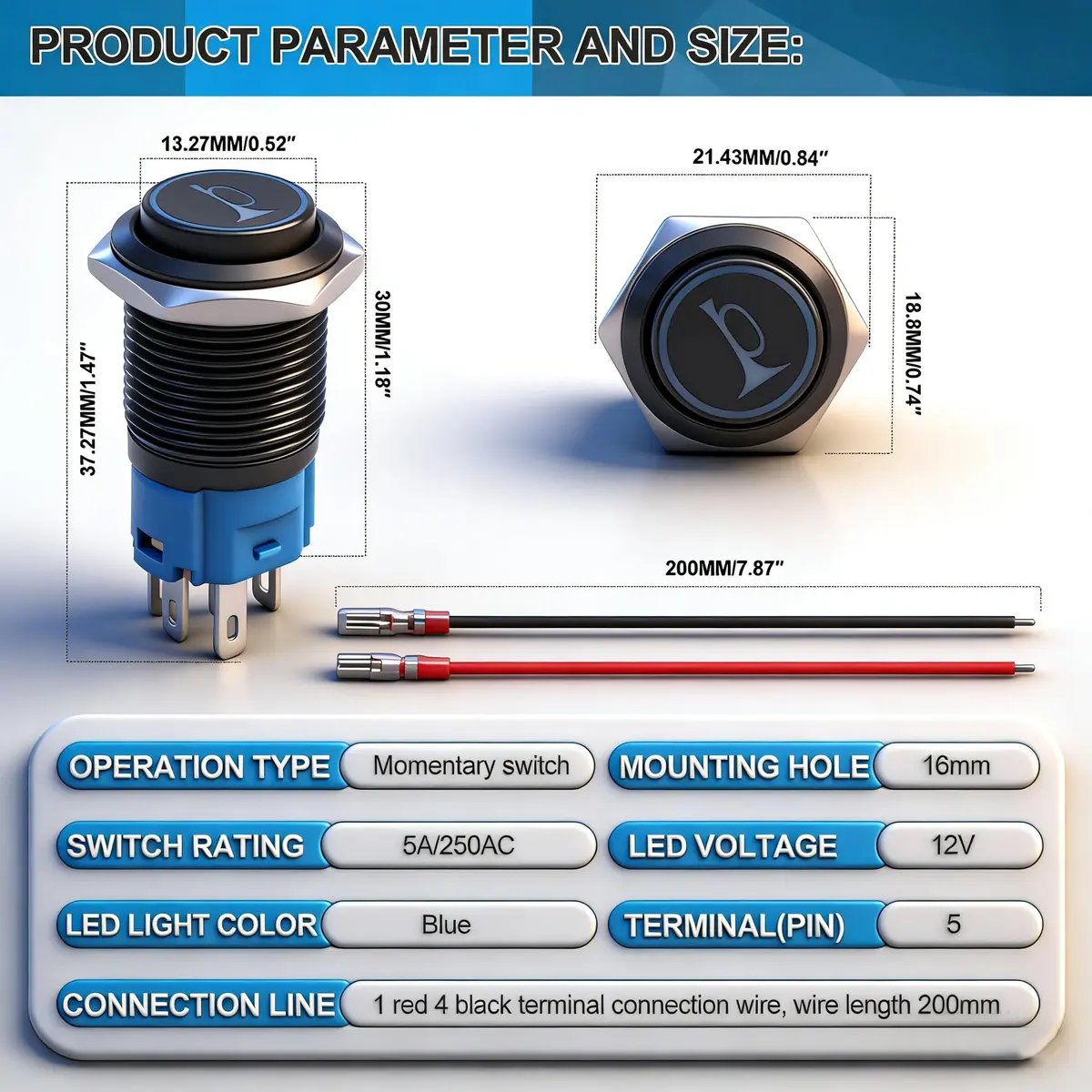 Twidec 16mm Momentary Push Button Horn Switch with Blue LED 12V | 5A/250AC 1NO1NC Panel Mount - view 3