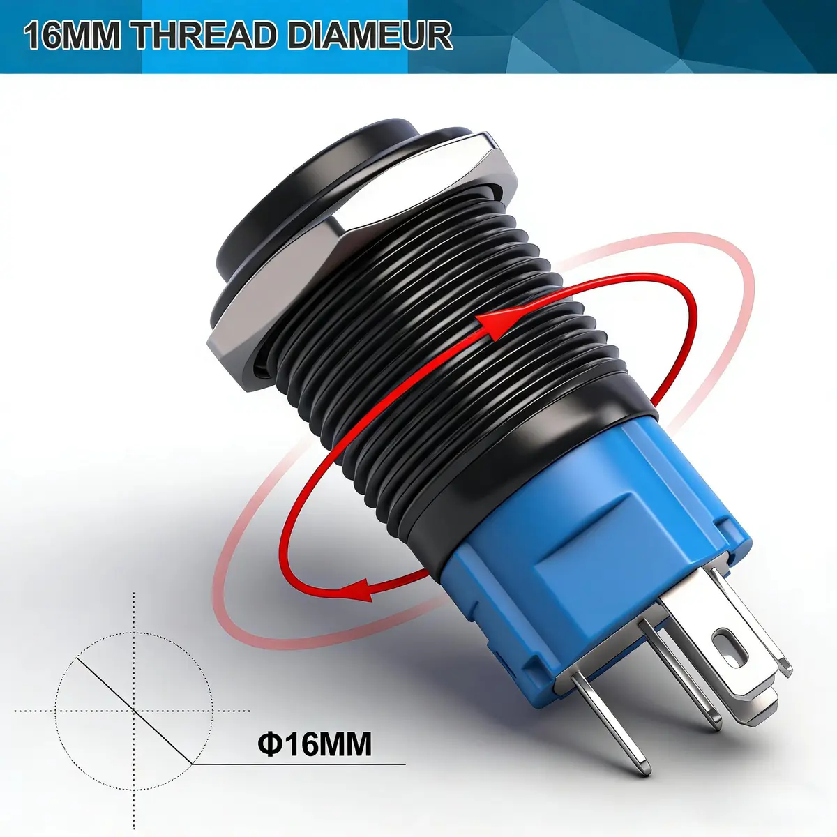 Twidec 16mm Momentary Push Button Horn Switch with Blue LED 12V | 5A/250AC 1NO1NC Panel Mount - view 4