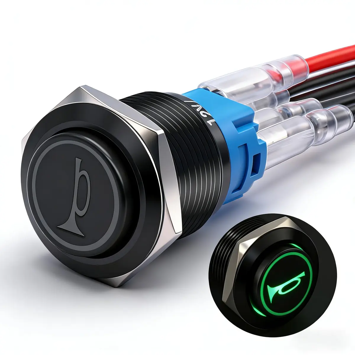 Twidec 19mm Momentary Push Button Switch with Green LED | 12V, 5A/250AC, 1NO 1NC SPDT, Stainless Steel Shell - main product image
