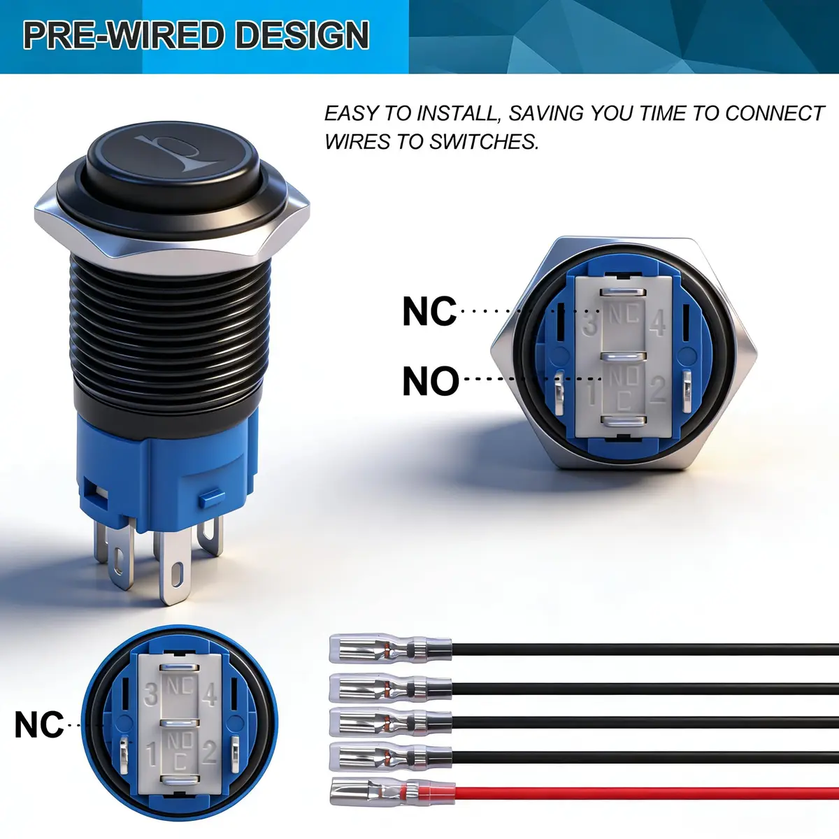Twidec 19mm Momentary Push Button Switch with Green LED | 12V, 5A/250AC, 1NO 1NC SPDT, Stainless Steel Shell - view 6