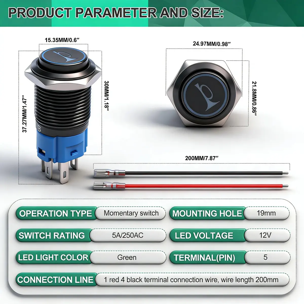 Twidec 19mm Momentary Push Button Switch with Green LED | 12V, 5A/250AC, 1NO 1NC SPDT, Stainless Steel Shell - view 3
