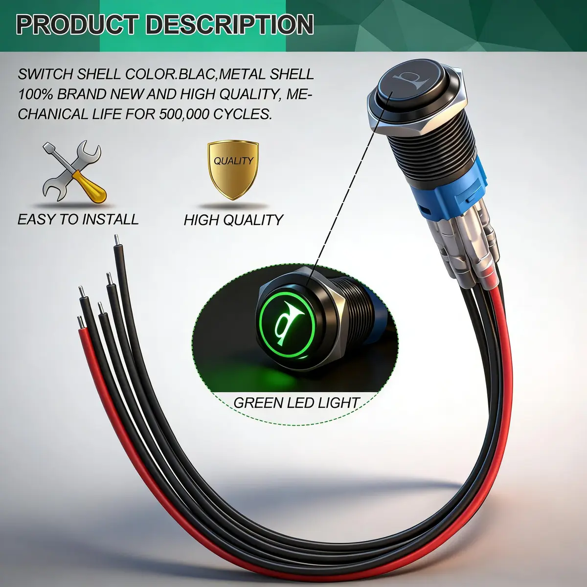 Twidec 19mm Momentary Push Button Switch with Green LED | 12V, 5A/250AC, 1NO 1NC SPDT, Stainless Steel Shell - view 4