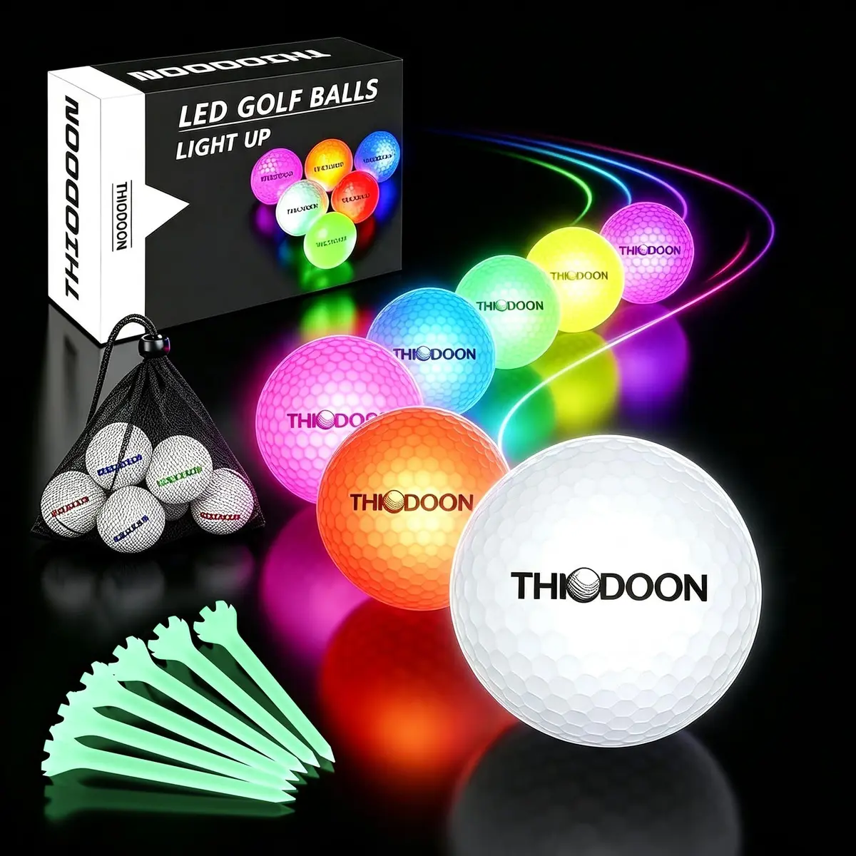 THIODOON LED Glow in The Dark Golf Balls 6 Pack (42.6mm, 45g Each) | Play Golf at Dusk or Night - main product image