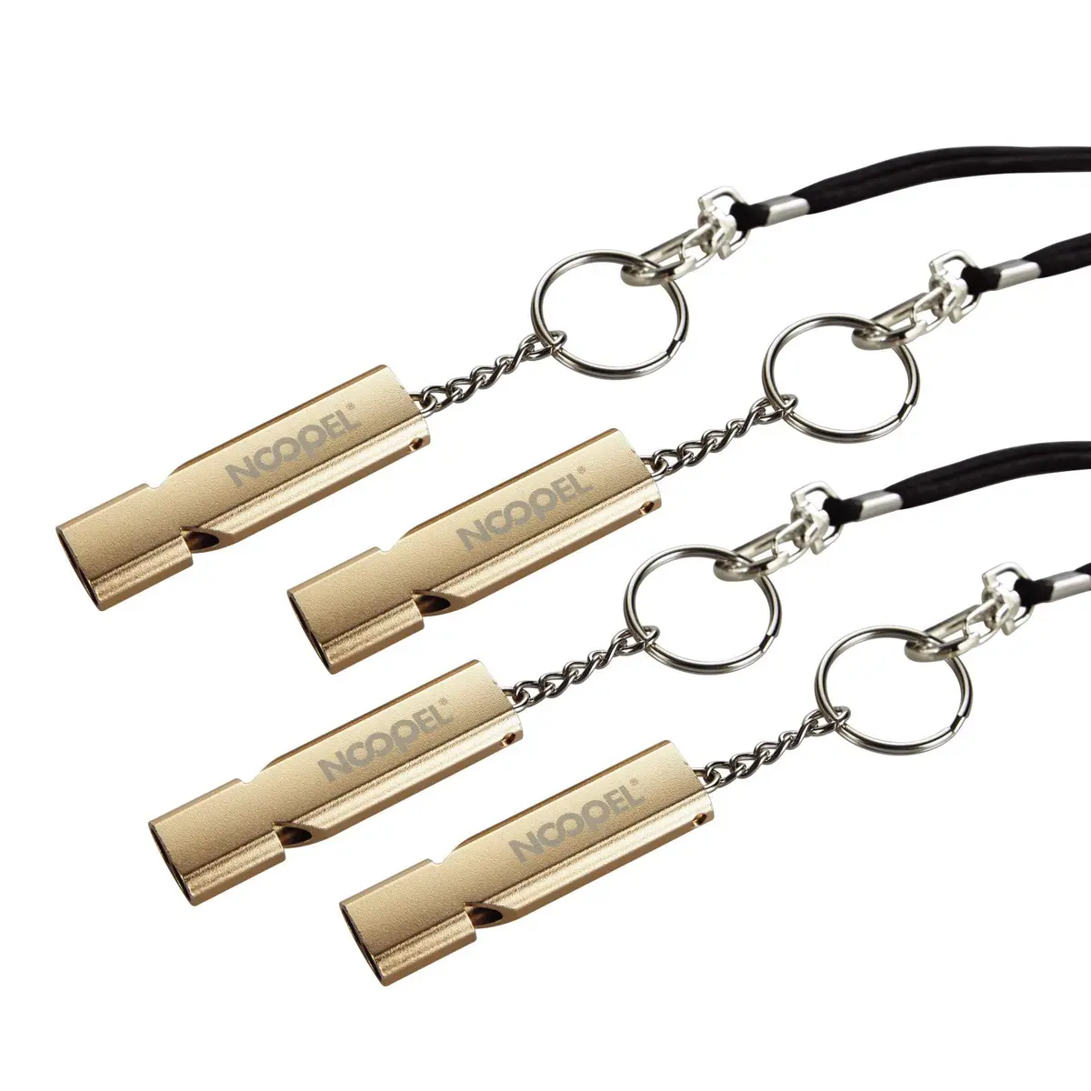Noopel Emergency Whistles Lifeguard Safety Whistle with Lanyard and Keychain for Outdoor Camping Hiking Boating Hunting Fishing Kayak Kids Rescue Signaling Loud Survival Whistle (4 Pack Gold) | Super Loud, Aluminum Alloy, Water-Resistant - main product image