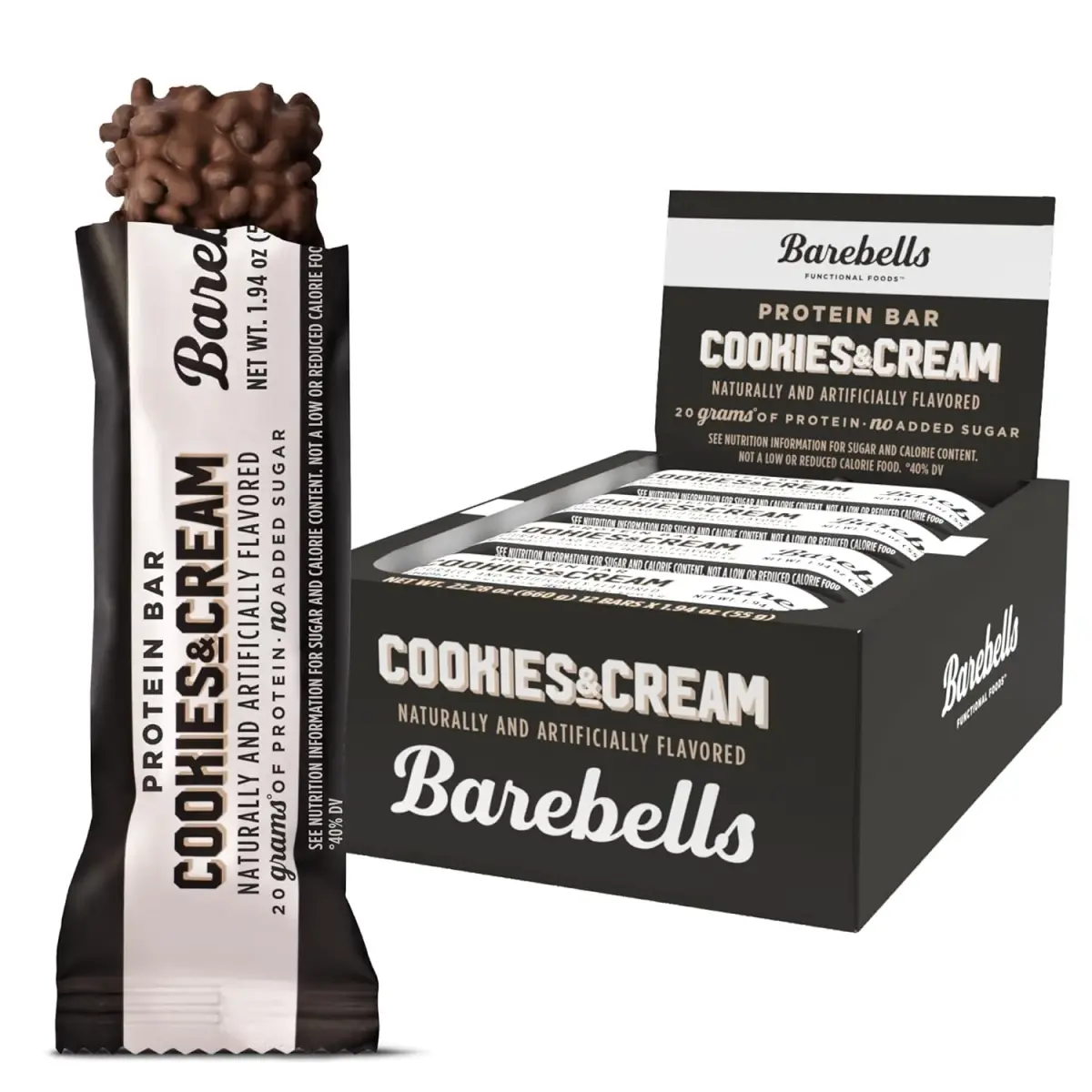 BAREBELLS Cookies & Cream Protein Bars (12 Count, 20g Protein) | Low Sugar Snack Bar - main product image