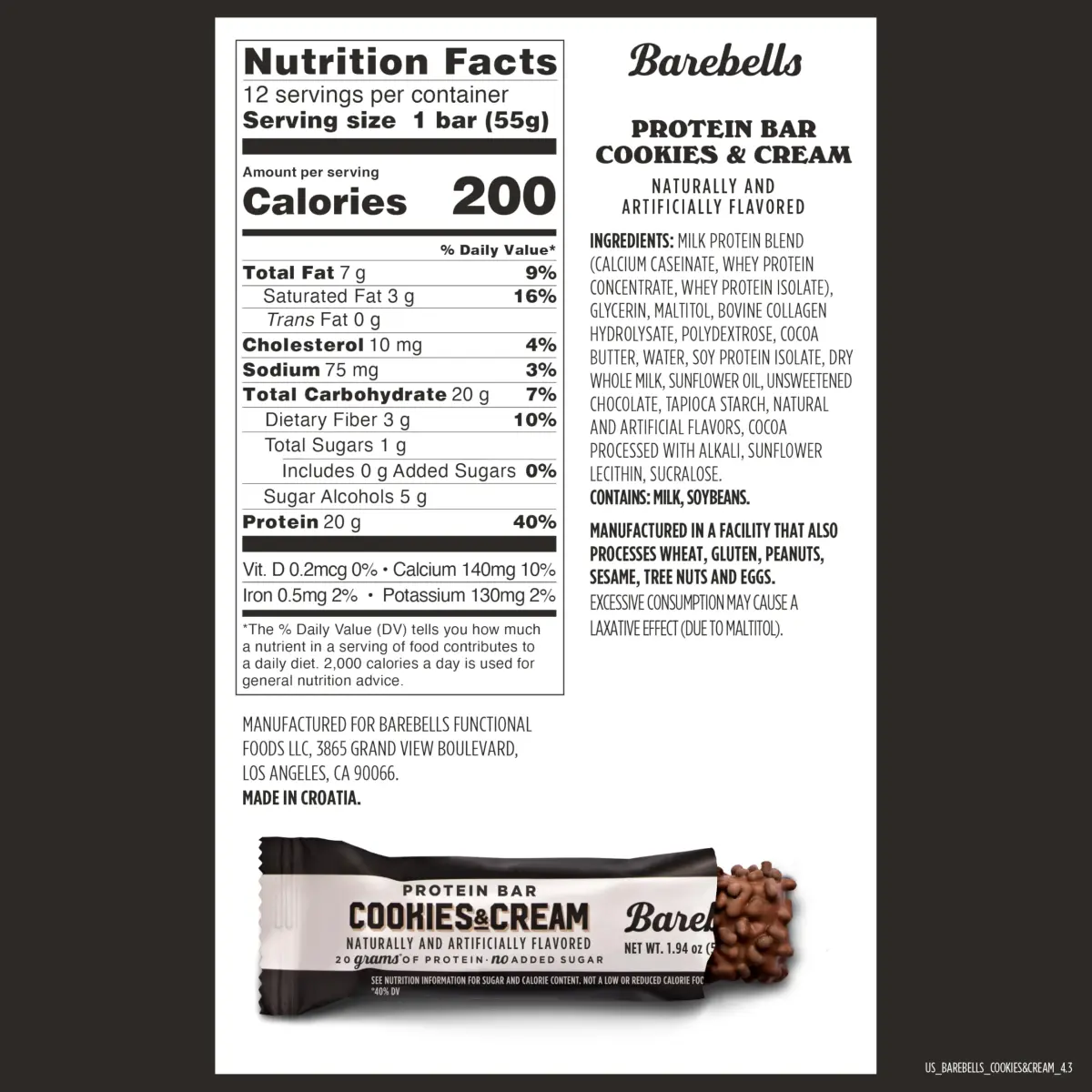 BAREBELLS Cookies & Cream Protein Bars (12 Count, 20g Protein) | Low Sugar Snack Bar - view 6