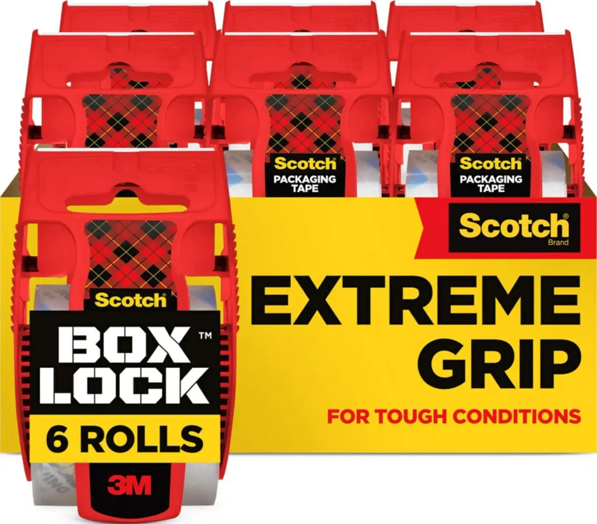 Scotch Box Lock Packing Tape Clear 1.88 in. x 22.2 yd. 6 Rolls with Dispensers | Extreme Grip for Secure Sealing - main product image