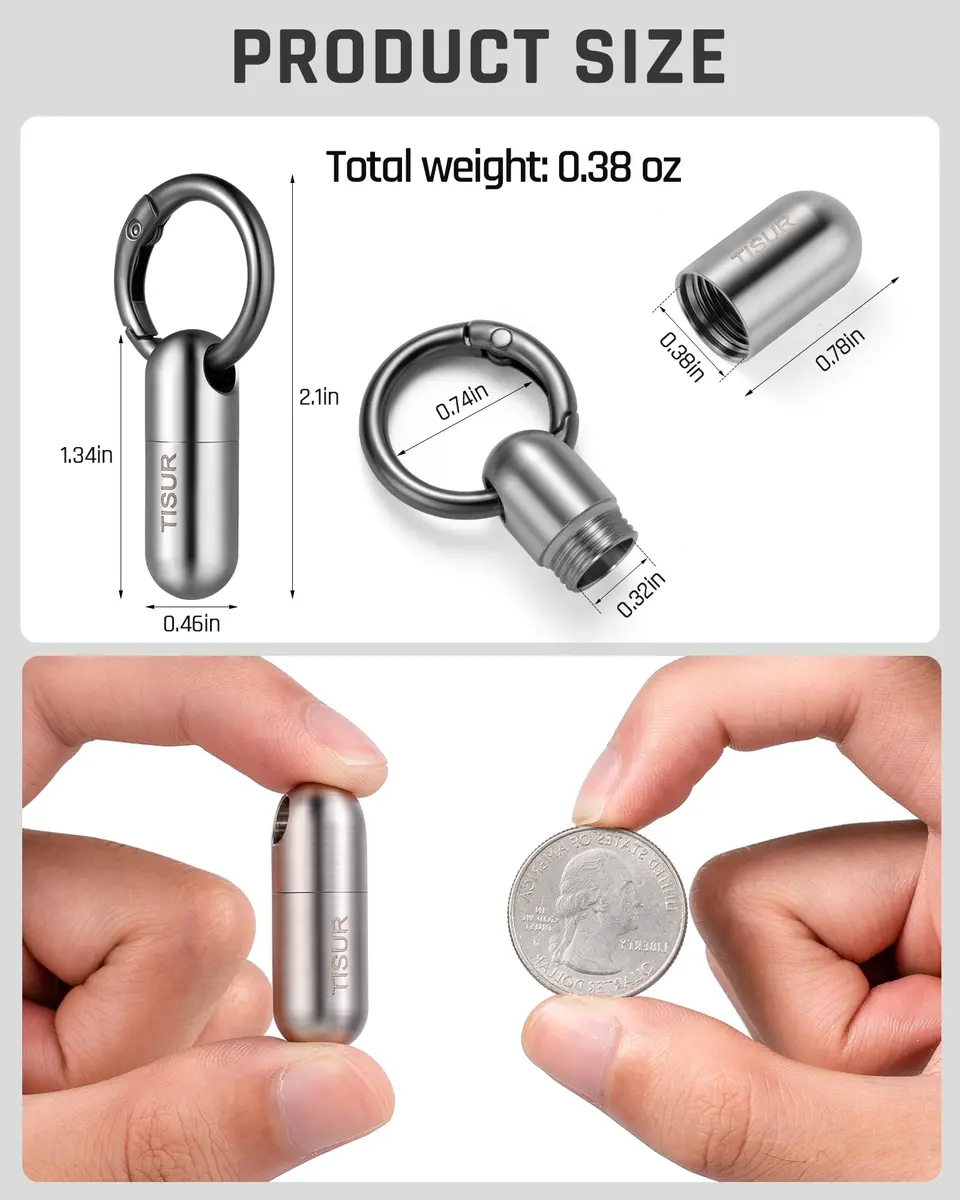 TISUR Small Titanium Keychain Pill Holder, Pocket Pill Case for Travel | Compact, Waterproof & Durable - view 2