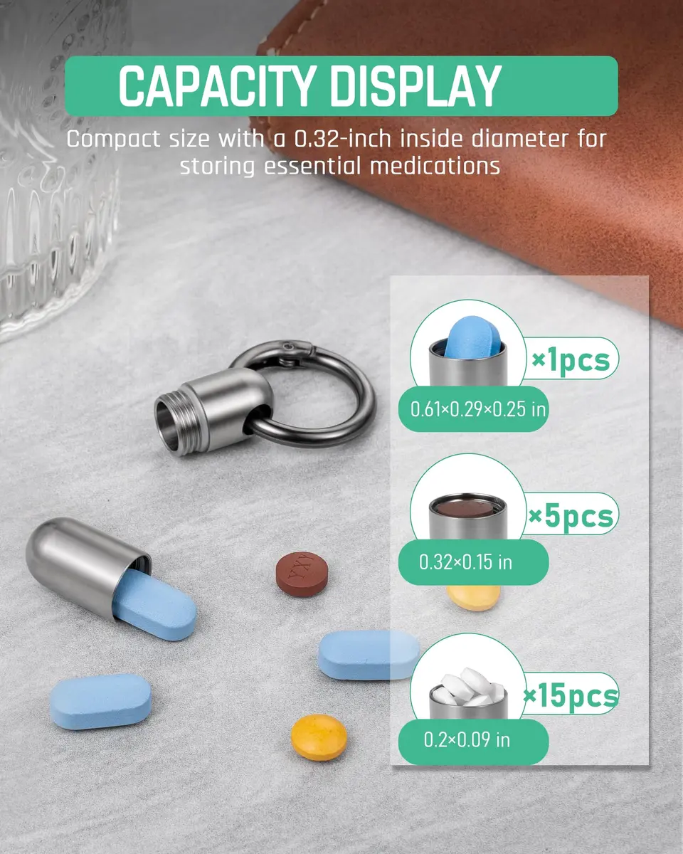 TISUR Small Titanium Keychain Pill Holder, Pocket Pill Case for Travel | Compact, Waterproof & Durable - view 3