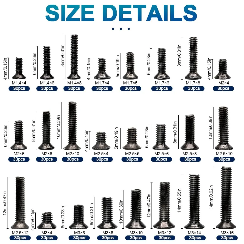 NINDEJIN Laptop Screw Set 720pcs Carbon Steel Flat Head M1.4-M3 | Assorted Computer Screws for SSD & Laptop Repairs - view 2