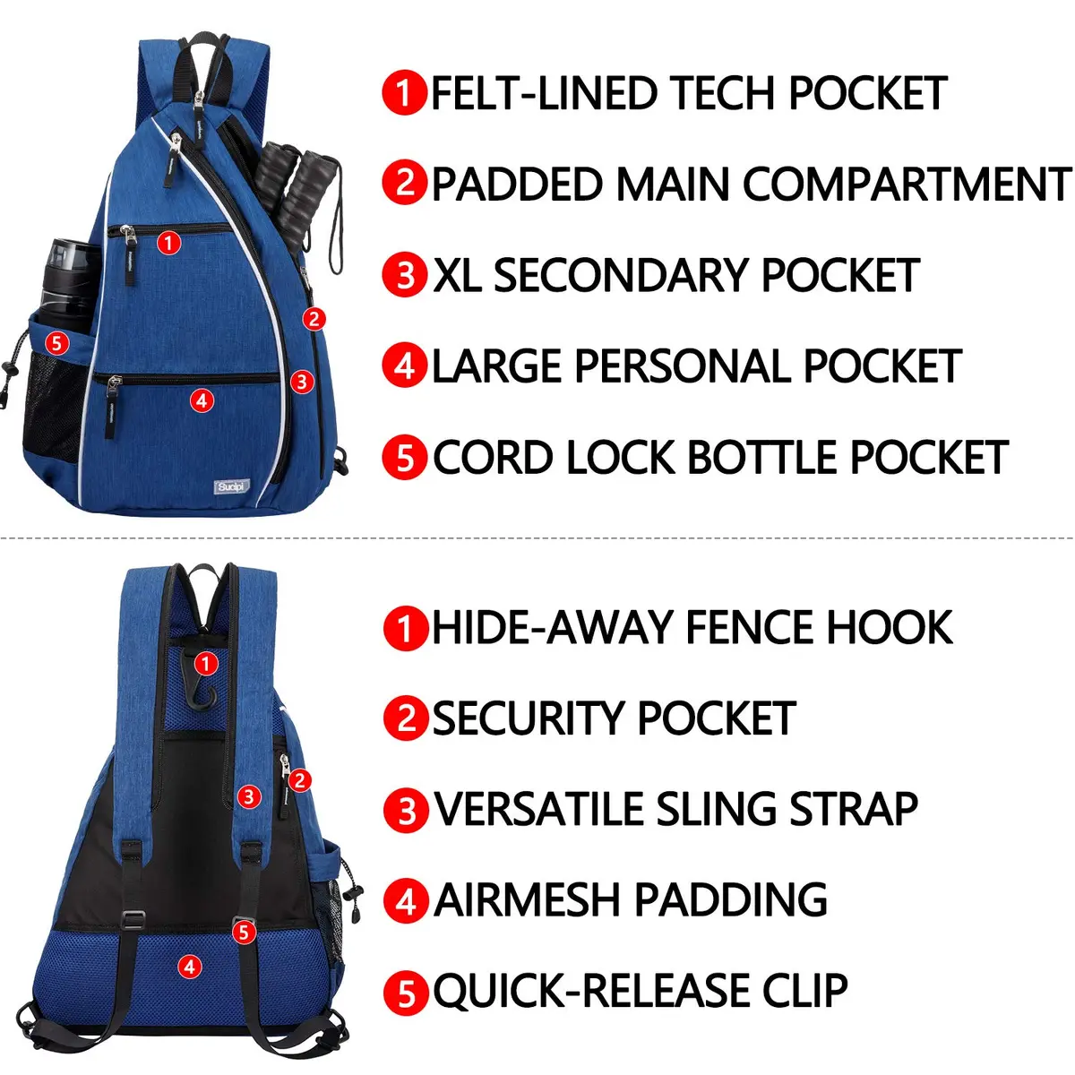 Sucipi Convertible Pickleball Bag Backpack Sling - Blue 45L (1.6 cu ft) | Versatile Carry for Men & Women - view 4