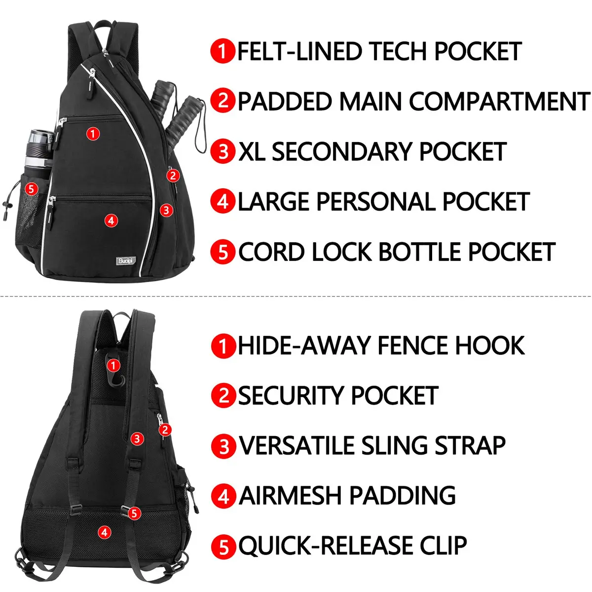 Sucipi Convertible Pickleball Bag Backpack Sling Bag for Men & Women, Deep Black | 14 inch x 10 inch x 19 inch - view 5