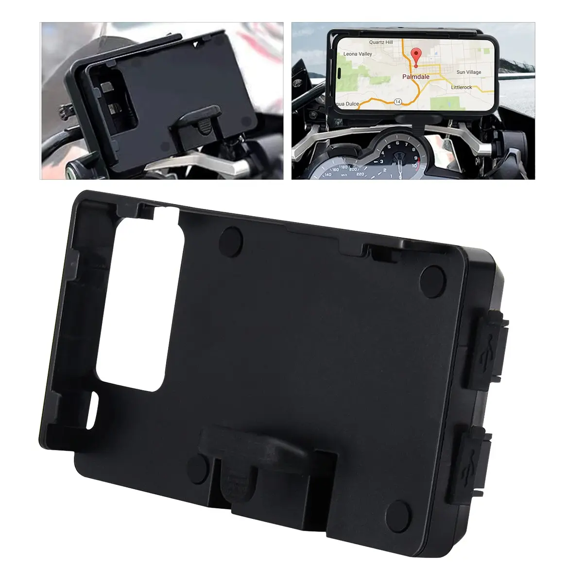 MDPROMCP Motorcycle Phone Holder with Double USB Charger for 12 mm Roll Bar | Waterproof ABS Mount for GPS & Mobile - main product image