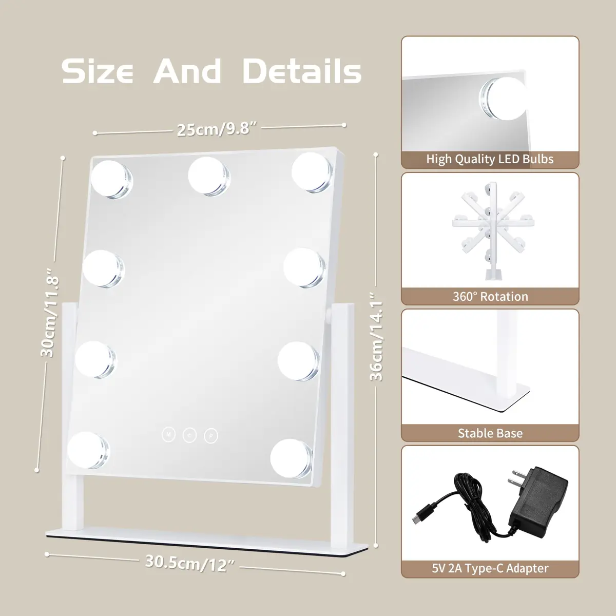 NUSVAN Vanity Mirror with Lights, Makeup Mirror, 3 Color Modes, 10X Magnification, Touch Control, 360° Rotation, White - view 5
