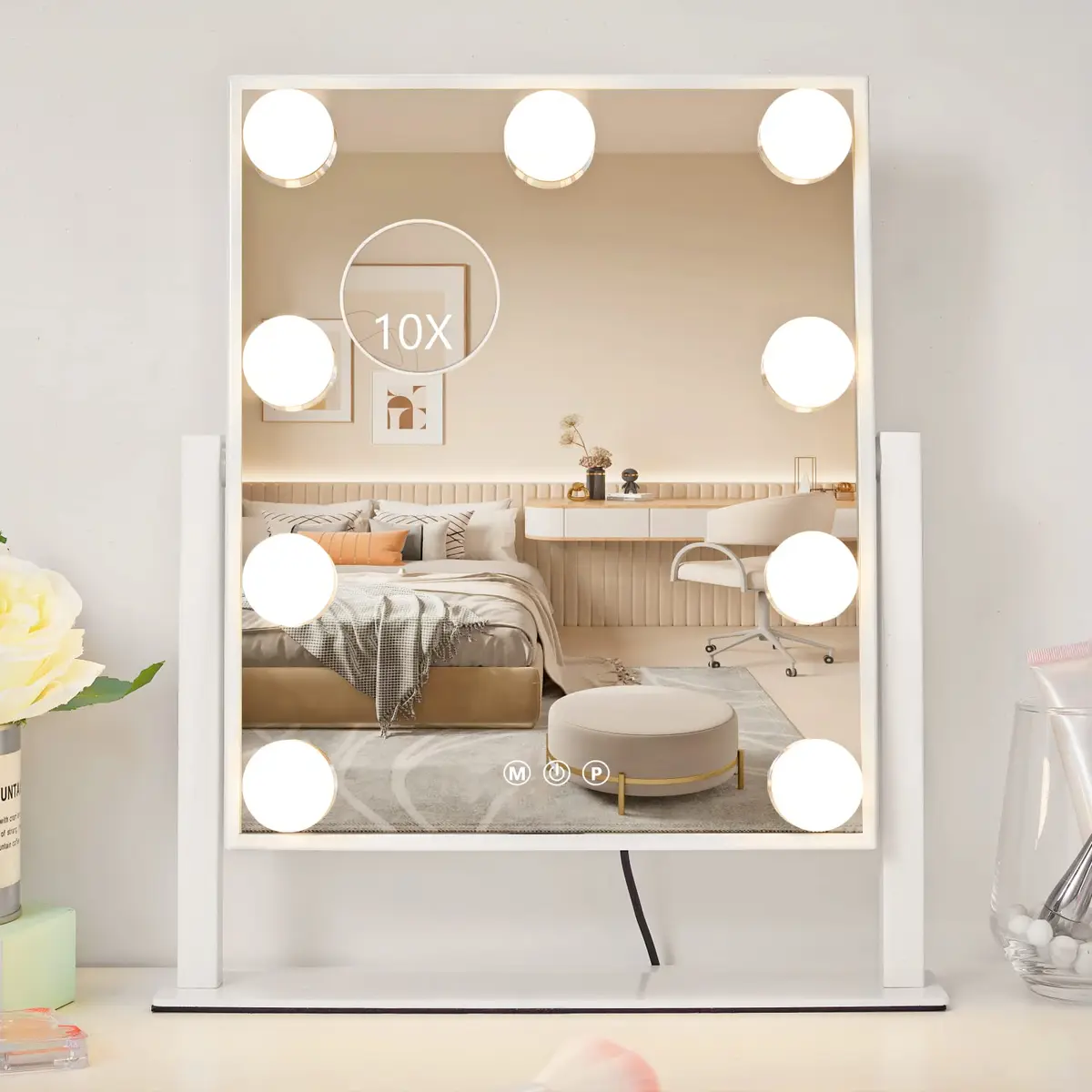 NUSVAN Vanity Mirror with Lights, Makeup Mirror, 3 Color Modes, 10X Magnification, Touch Control, 360° Rotation, White - view 7