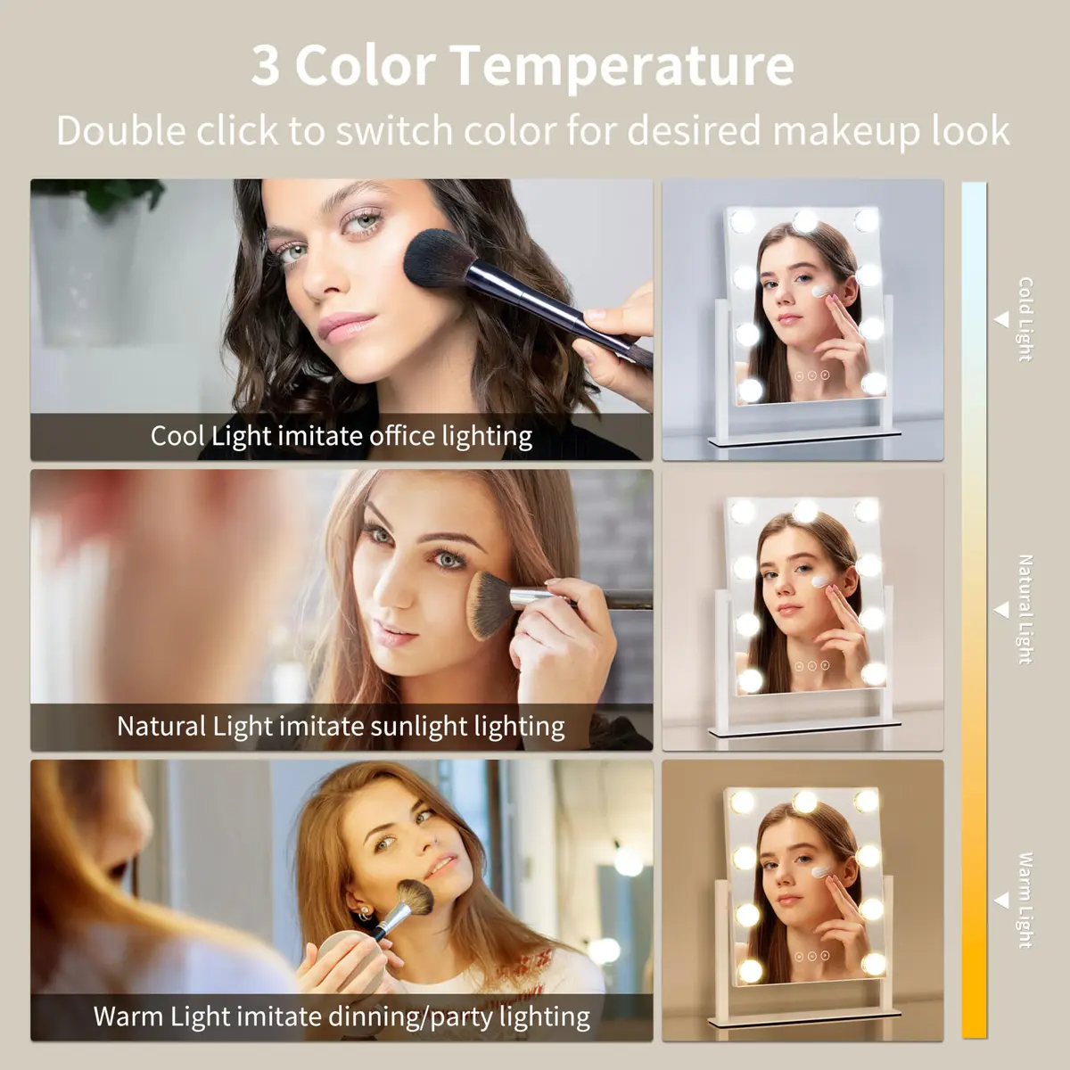 NUSVAN Vanity Mirror with Lights, Makeup Mirror, 3 Color Modes, 10X Magnification, Touch Control, 360° Rotation, White - view 2