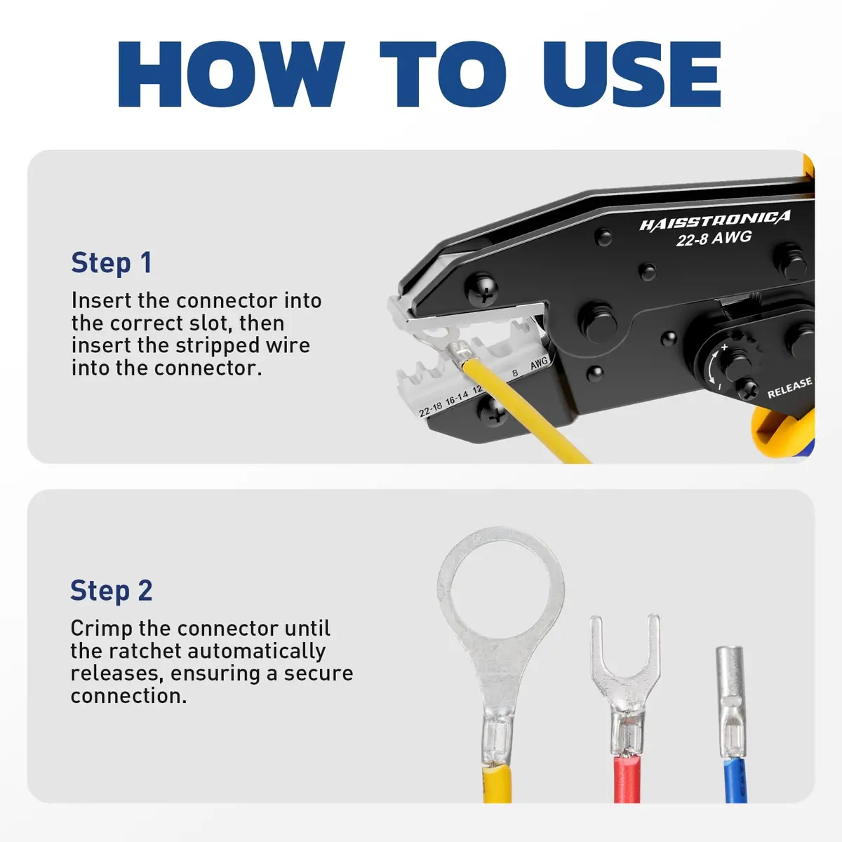haisstronica Ratchet Crimping Tool for Non-Insulated Terminals, AWG 22-8, 230mm (9.05in) | Professional Electrical Wire Crimper - view 8