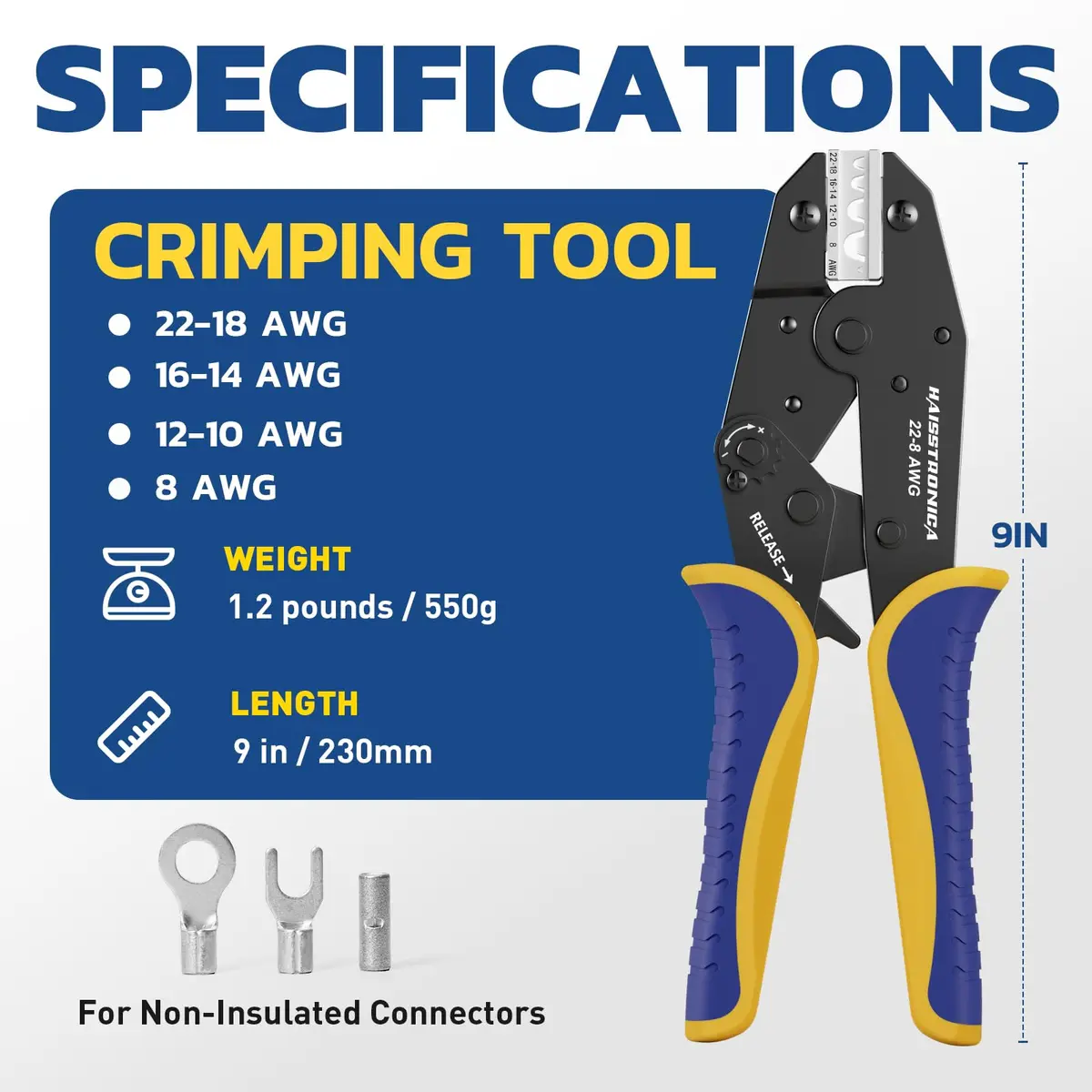 haisstronica Ratchet Crimping Tool for Non-Insulated Terminals, AWG 22-8, 230mm (9.05in) | Professional Electrical Wire Crimper - view 2