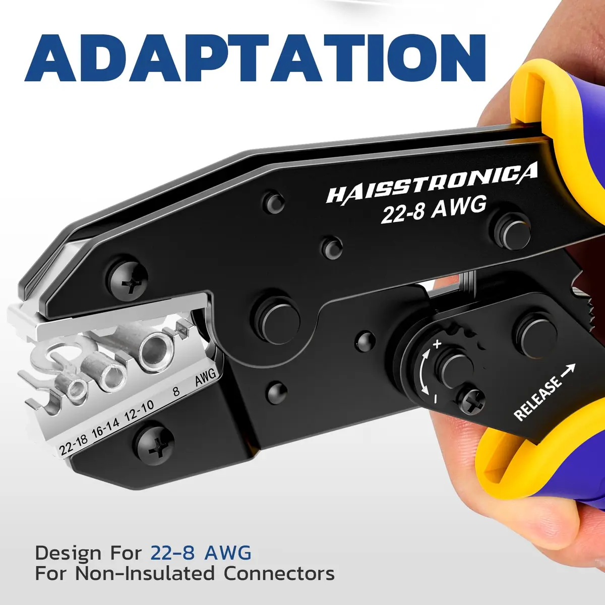 haisstronica Ratchet Crimping Tool for Non-Insulated Terminals, AWG 22-8, 230mm (9.05in) | Professional Electrical Wire Crimper - view 3