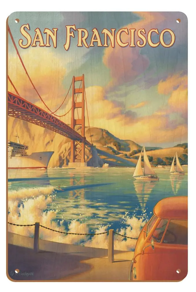 Pacifica Island Art Golden Gate Bridge Wood Sign 20cm x 30cm (8" x 12") | Vintage Travel Art - main product image