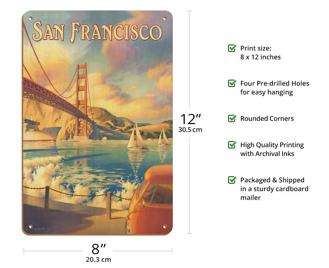 Pacifica Island Art Golden Gate Bridge Wood Sign 20cm x 30cm (8" x 12") | Vintage Travel Art - view 2