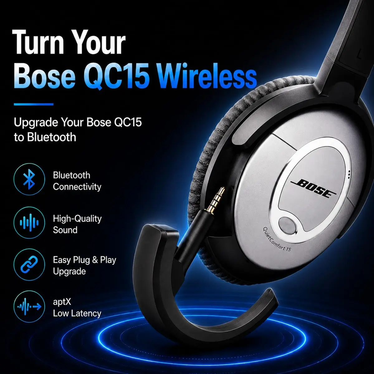 YOCOWOCO Bluetooth Adapter for Bose QuietComfort 15, Black | Wireless Audio Adapter with AptX HD & Built-in Mic - view 2