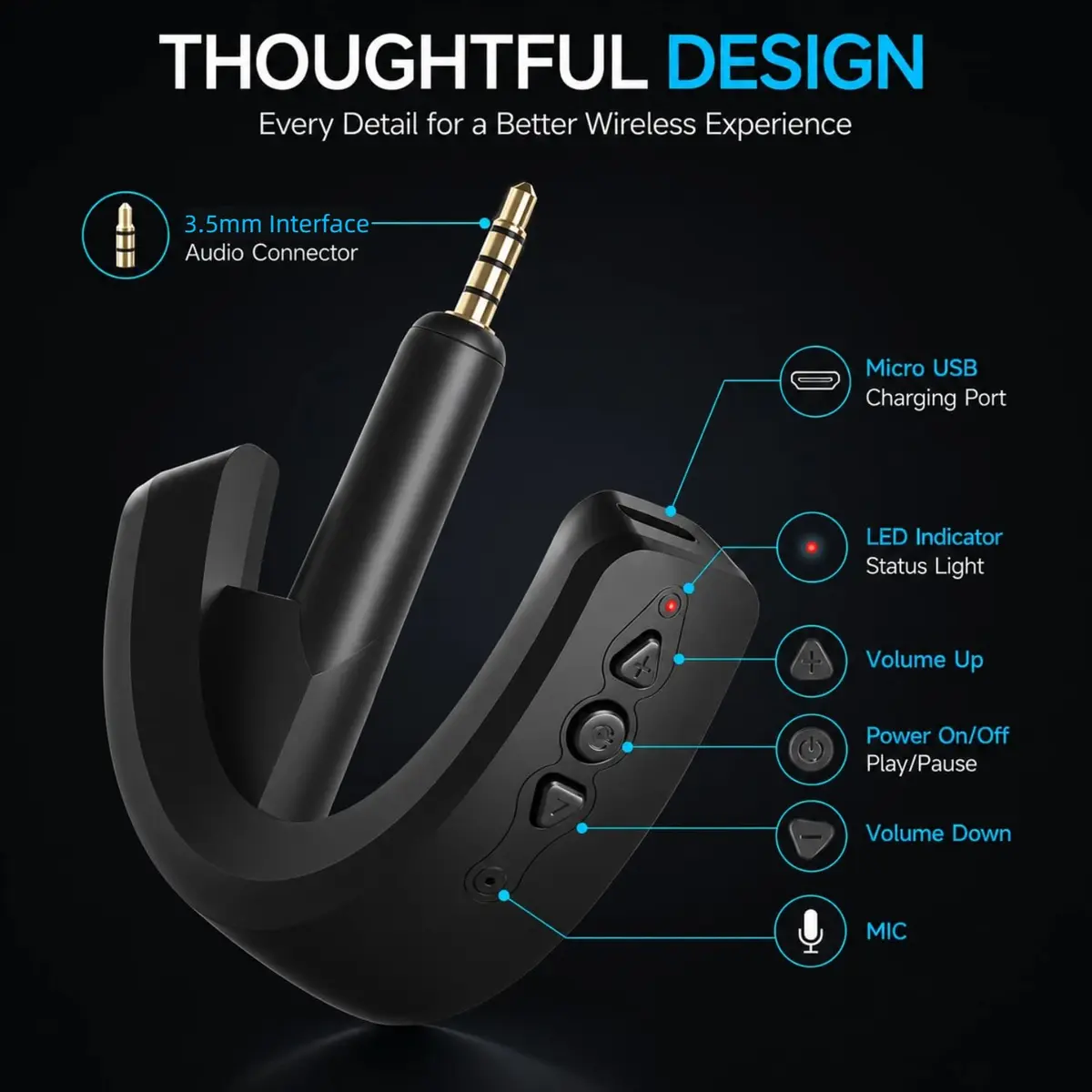 YOCOWOCO Bluetooth Adapter for Bose QuietComfort 15, Black | Wireless Audio Adapter with AptX HD & Built-in Mic - view 4