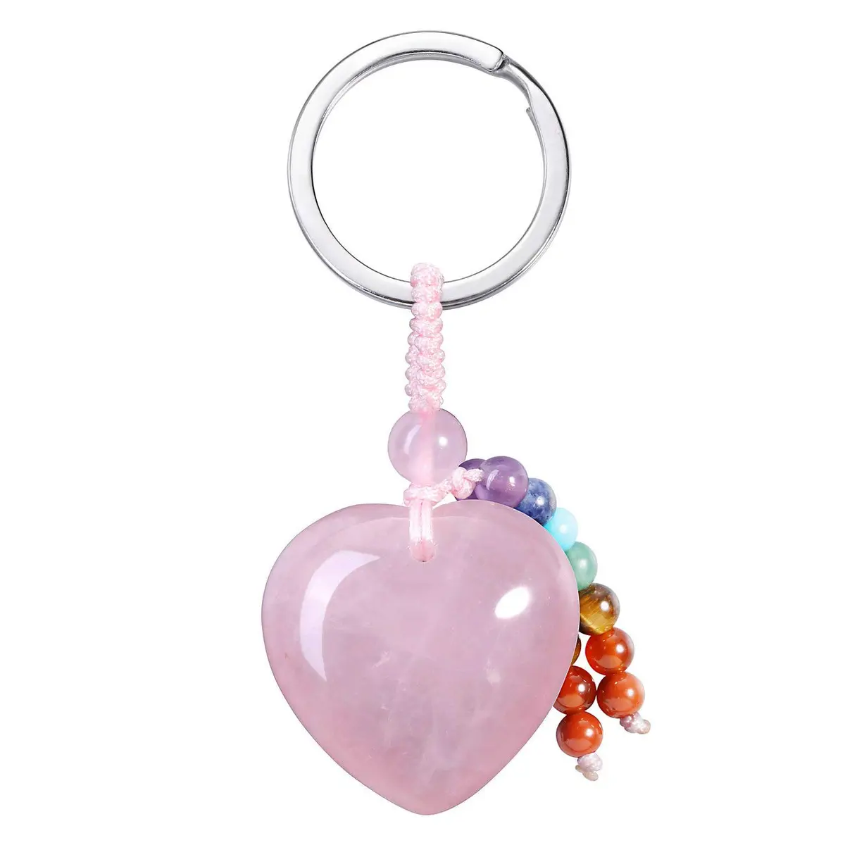 MANIFO Natural Rose Quartz Heart Crystal Keychain 7 Chakra Healing Gemstone Key Ring Charm for Women - main product image