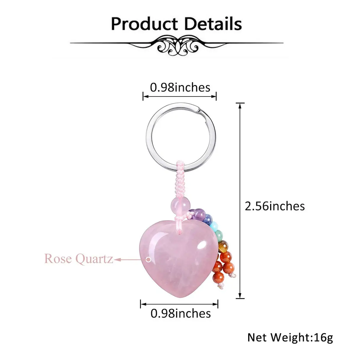MANIFO Natural Rose Quartz Heart Crystal Keychain 7 Chakra Healing Gemstone Key Ring Charm for Women - view 5