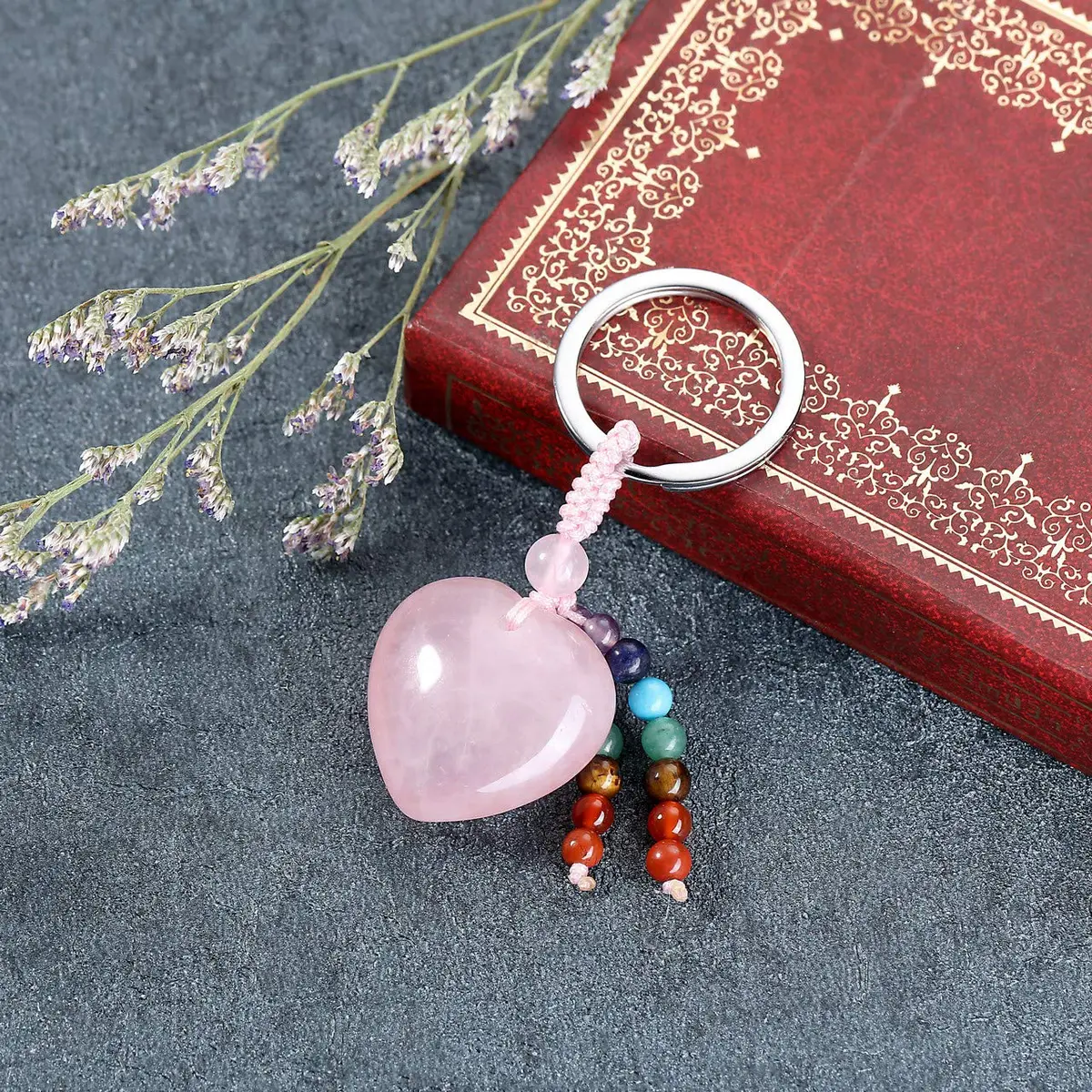 MANIFO Natural Rose Quartz Heart Crystal Keychain 7 Chakra Healing Gemstone Key Ring Charm for Women - view 2