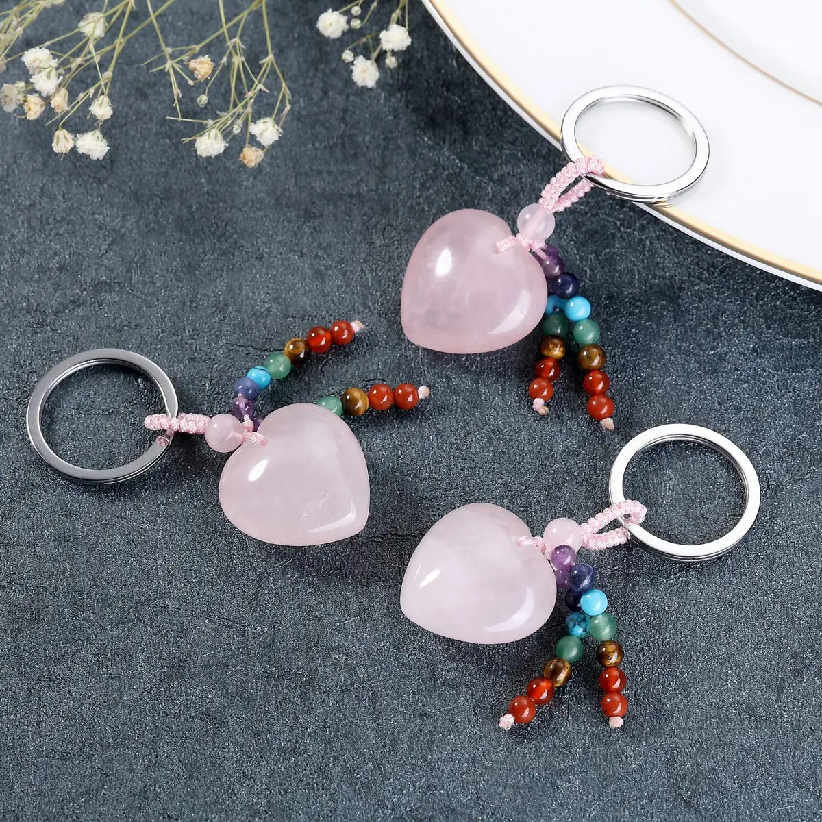 MANIFO Natural Rose Quartz Heart Crystal Keychain 7 Chakra Healing Gemstone Key Ring Charm for Women - view 3