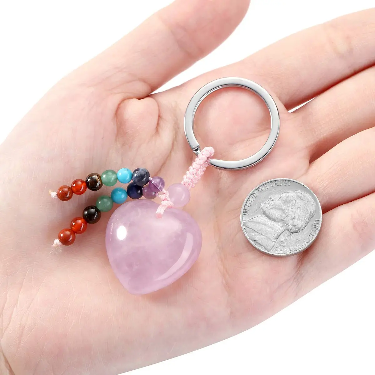 MANIFO Natural Rose Quartz Heart Crystal Keychain 7 Chakra Healing Gemstone Key Ring Charm for Women - view 4