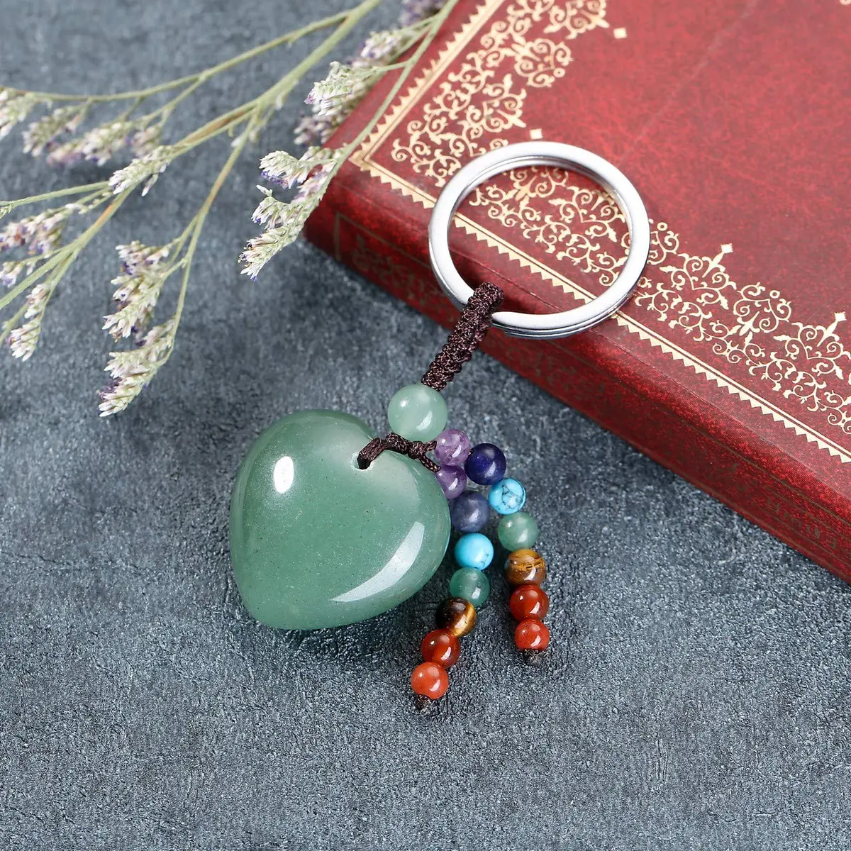 MANIFO Natural Green Aventurine Heart Crystal Keychain 7 Chakra Healing Gemstone Key Ring Charm for Women - view 2