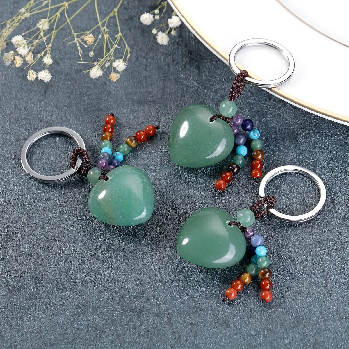 MANIFO Natural Green Aventurine Heart Crystal Keychain 7 Chakra Healing Gemstone Key Ring Charm for Women - view 3