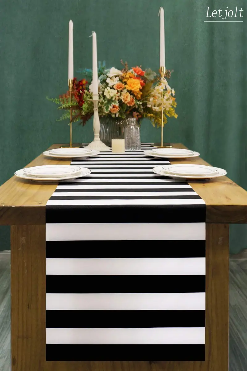 Letjolt Black and White Striped Table Runner 12x108 Inches | Durable Polyester for Elegant Dining - view 6