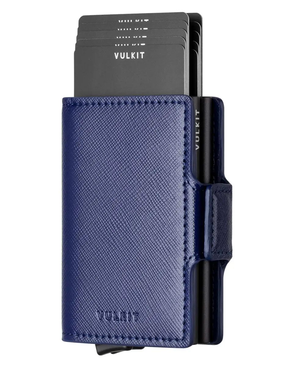 VULKIT Automatic Pop Up Double Card Holder RFID Blocking Leather Magnetic Wallet - Cross Navy - main product image