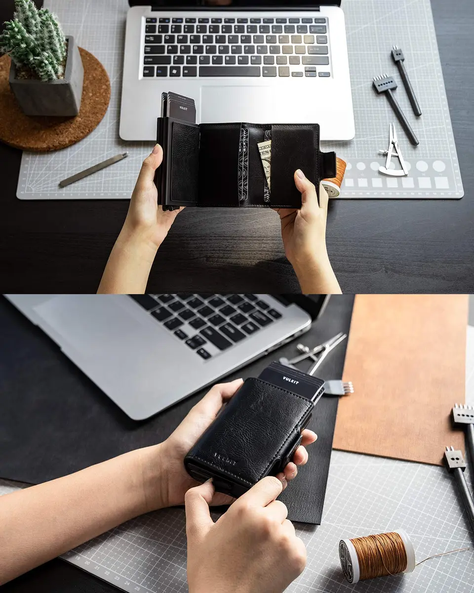 VULKIT Credit Card Holder RFID Blocking Leather Wallet 11x8x2.8cm | Pop-Up Double Card Case for Men & Women - view 4