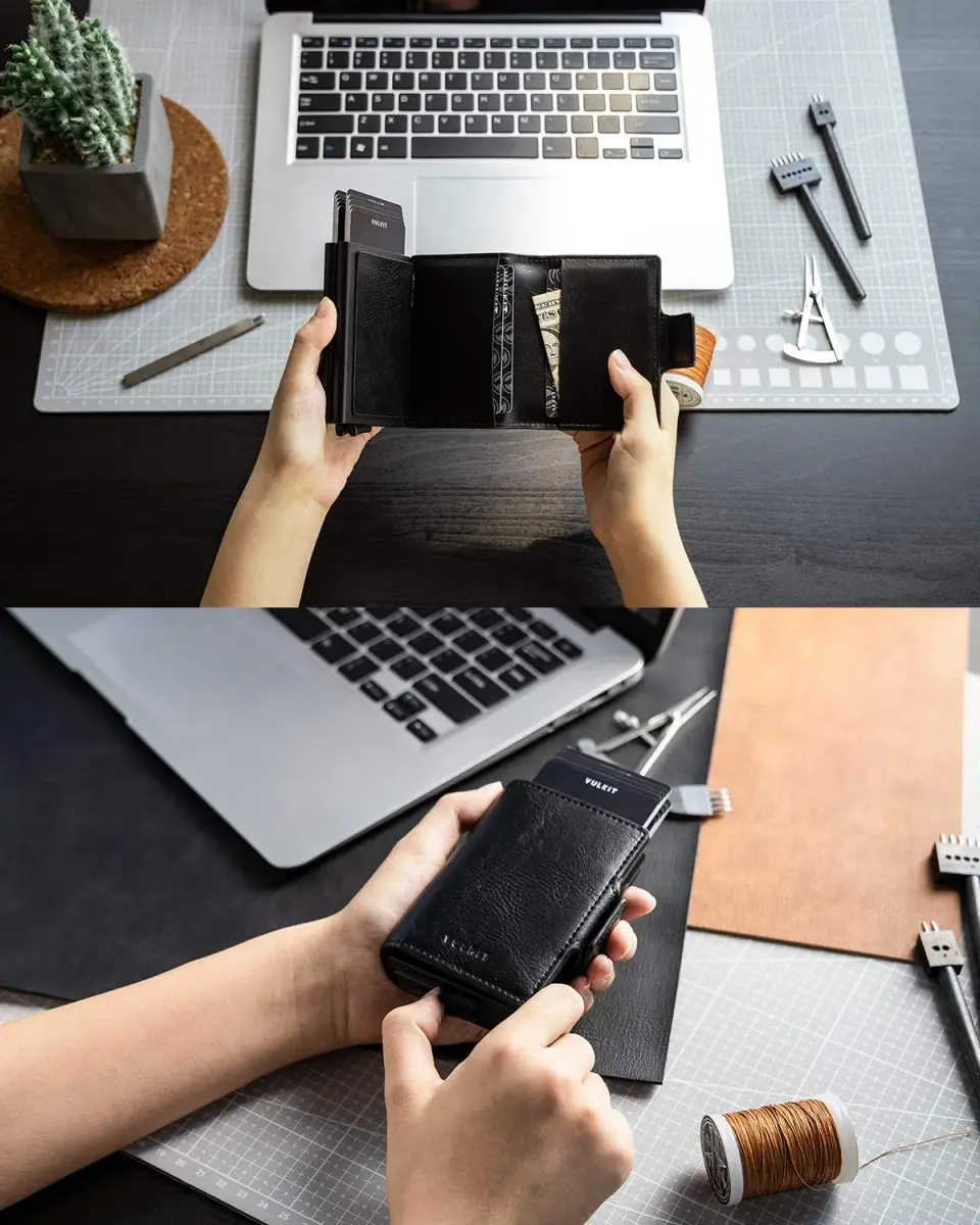 VULKIT Black Automatic Pop Up Double Card Holder with RFID Blocking, Magnetic Leather Wallet - view 4