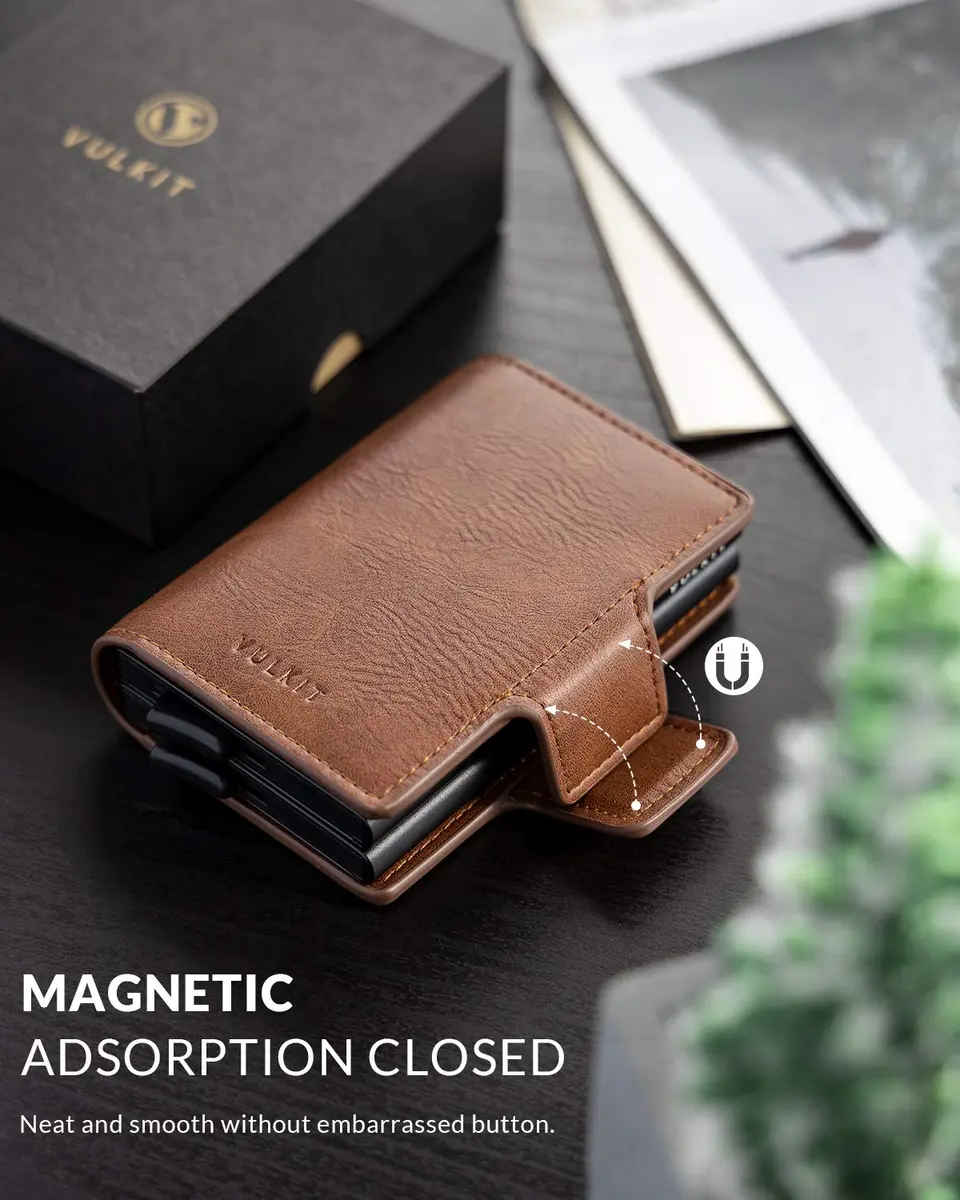 VULKIT Credit Card Holder RFID Blocking Leather Wallet 11x8x2.8cm | Automatic Pop Up Double Card Case - view 5