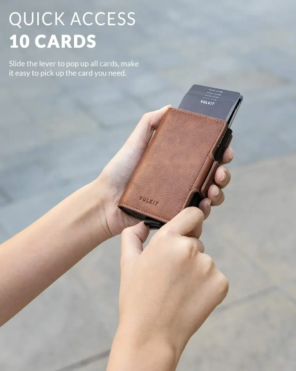 VULKIT Brown Automatic Pop Up Double Card Holder with RFID Blocking Leather and Magnetic Closure - 14 Card Capacity - view 2