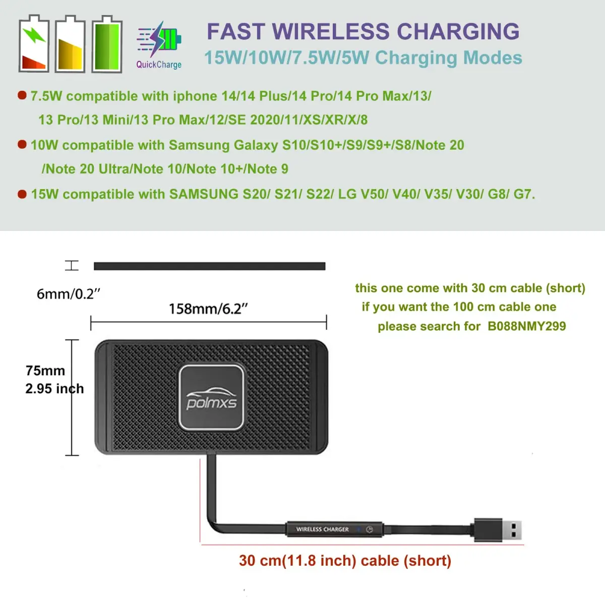 POLMXS 10W Fast Wireless Car Charger Pad with 30cm Cable | Qi-Certified for iPhone & Galaxy - view 5