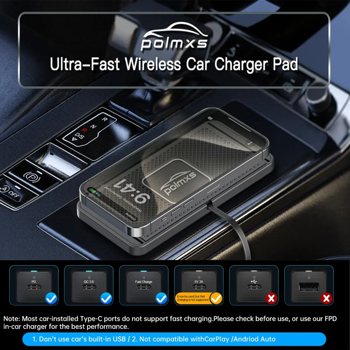 POLMXS 10W Fast Wireless Car Charger Pad with 30cm Cable | Qi-Certified for iPhone & Galaxy - view 2