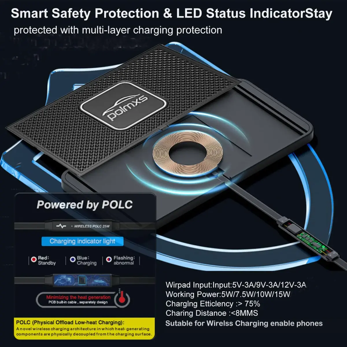 POLMXS 10W Fast Wireless Car Charger Pad with 30cm Cable | Qi-Certified for iPhone & Galaxy - view 3