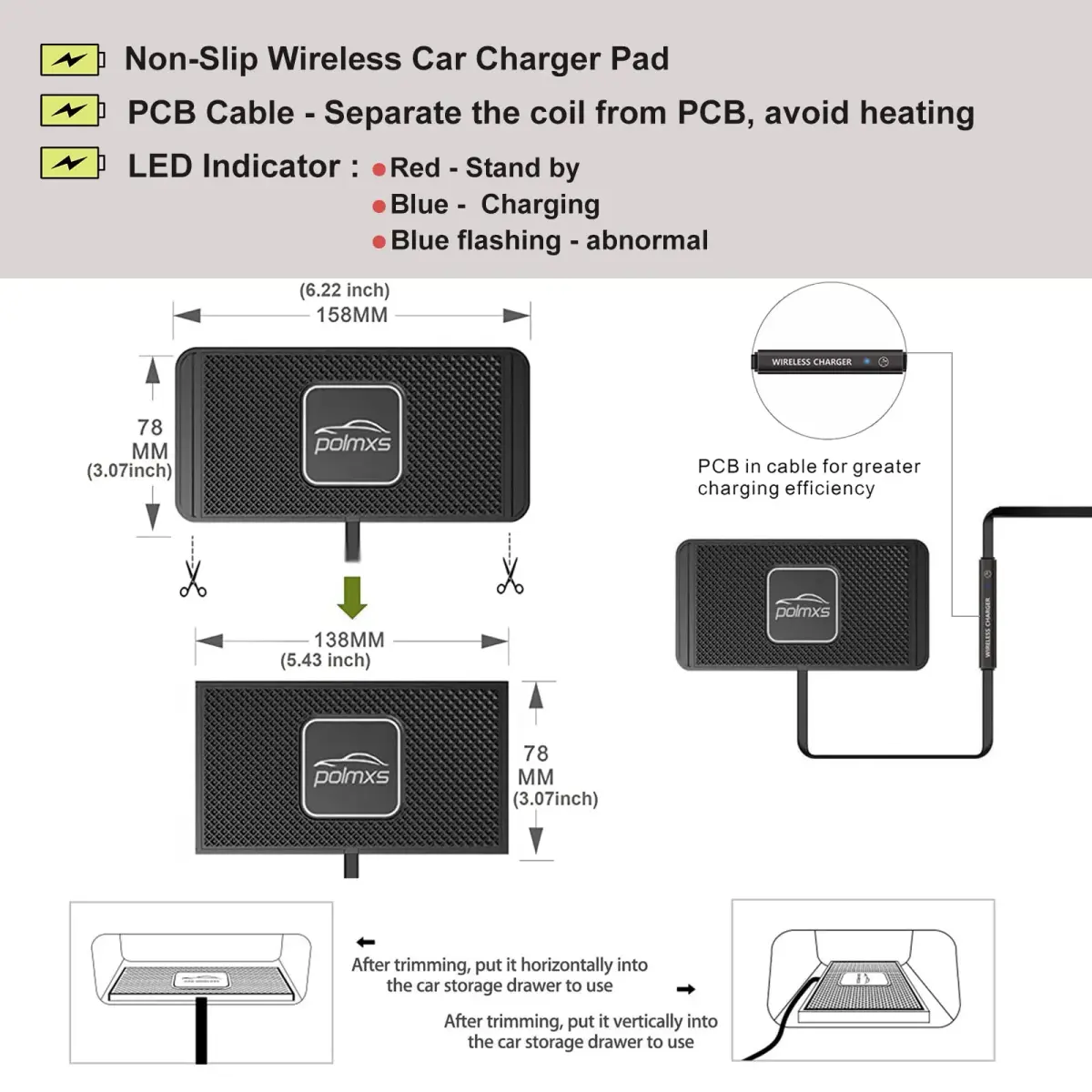 POLMXS 10W Fast Wireless Car Charger Pad with 30cm Cable | Qi-Certified for iPhone & Galaxy - view 4