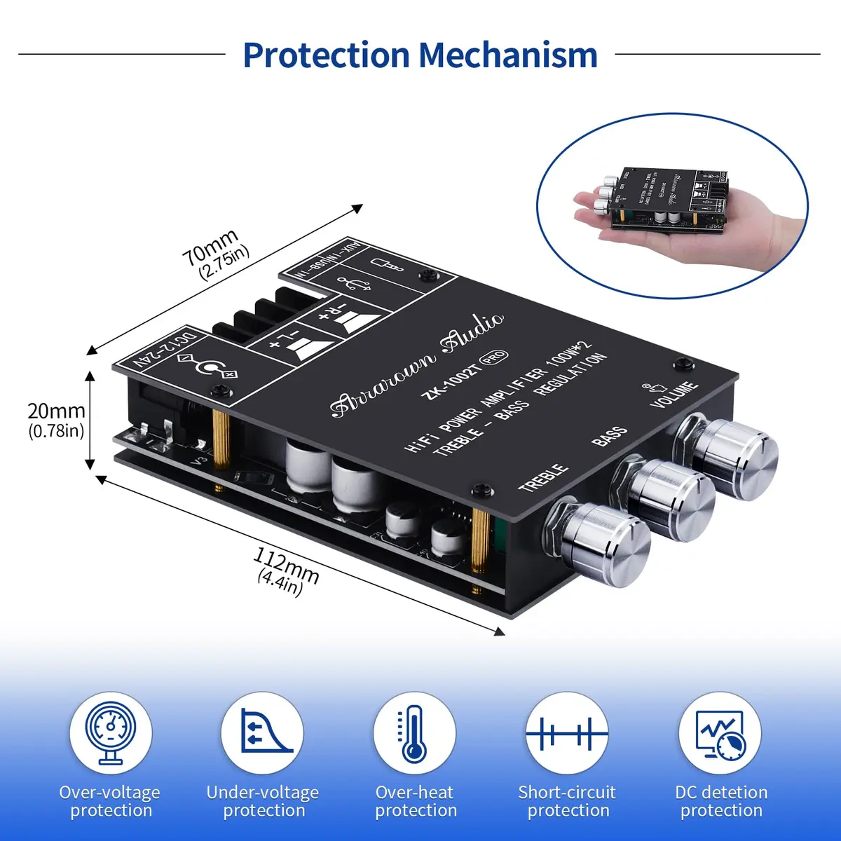 ARRAROWN ZK-TB21 2.1 Channel Bluetooth 5.0 Amplifier Board 100W+100W Max 200W AMP | HiFi Stereo Audio Power Amplifier Module with Treble Bass Control - view 4