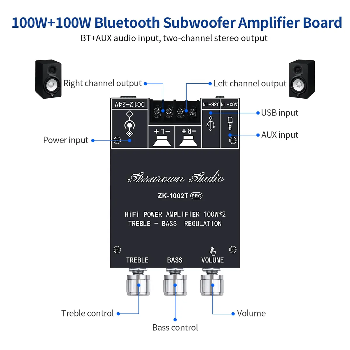 ARRAROWN ZK-TB21 2.1 Channel Bluetooth 5.0 Amplifier Board 100W+100W Max 200W AMP | HiFi Stereo Audio Power Amplifier Module with Treble Bass Control - view 5